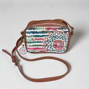 Desigual Charlotte Shoulder Bag Marine Print Perforated Brown Faux Leather Boho